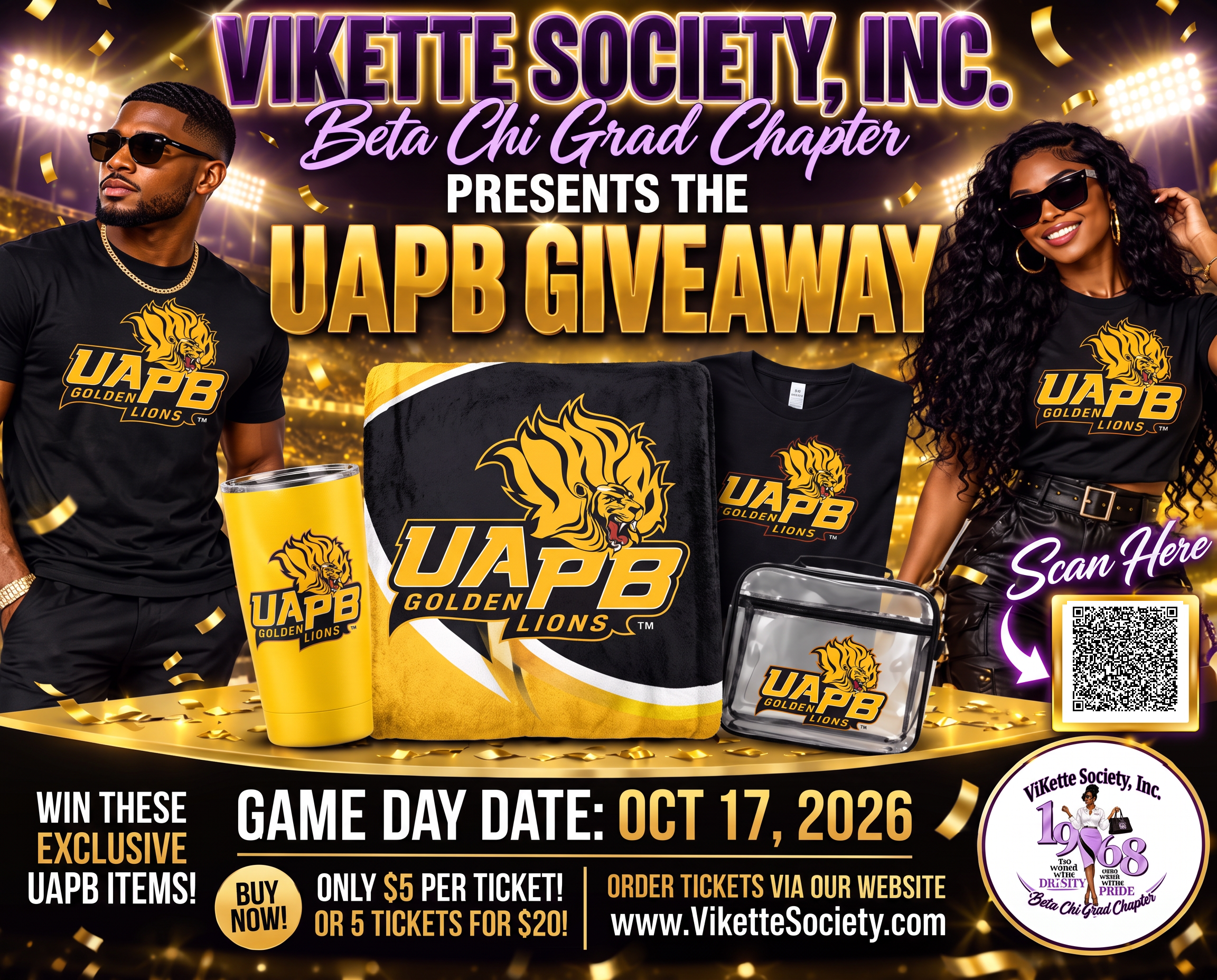 UAPB Golden Lions Giveaway Fundraiser flyer with ticket prices, game date, and PayPal QR code
